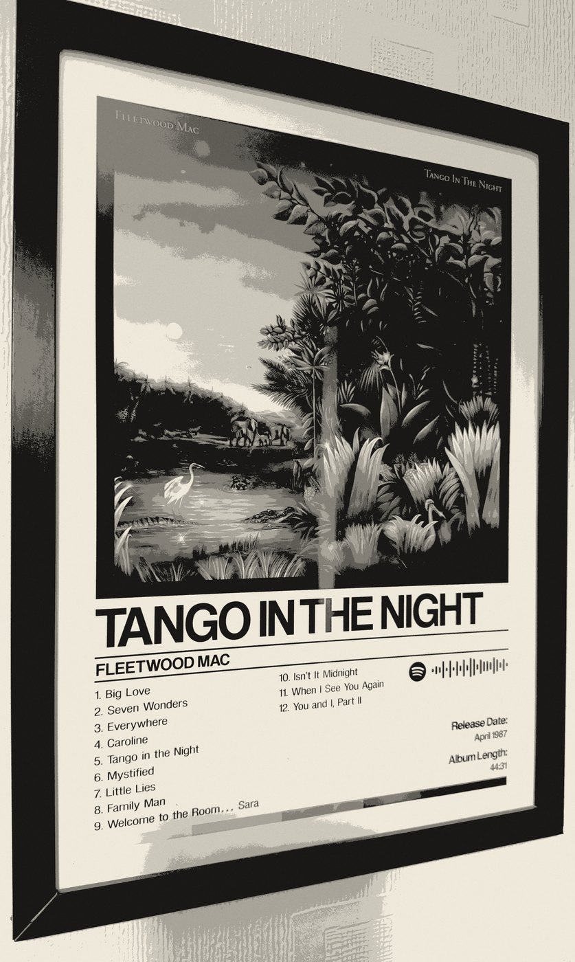 A framed Tango in the Night poster hanging on a wall: the Rousseau-style jungle sleeve above the album's twelve-track listing