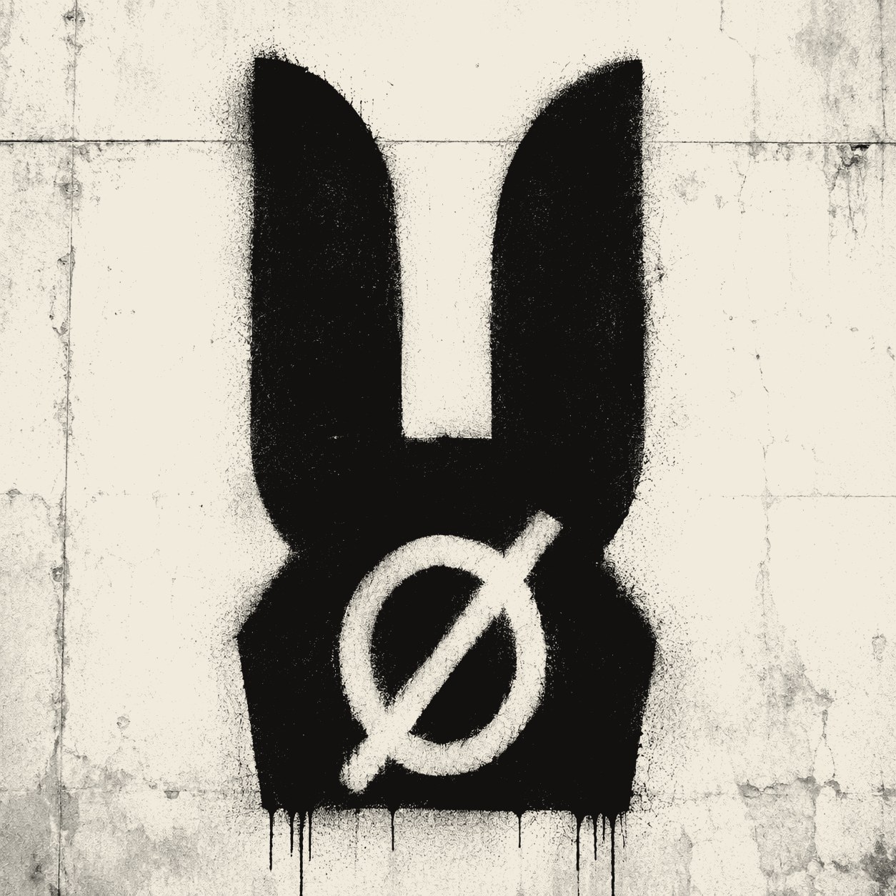 The Rabbit Høle mark stencilled in black spray paint on a concrete wall, the slashed o drawn over it in white